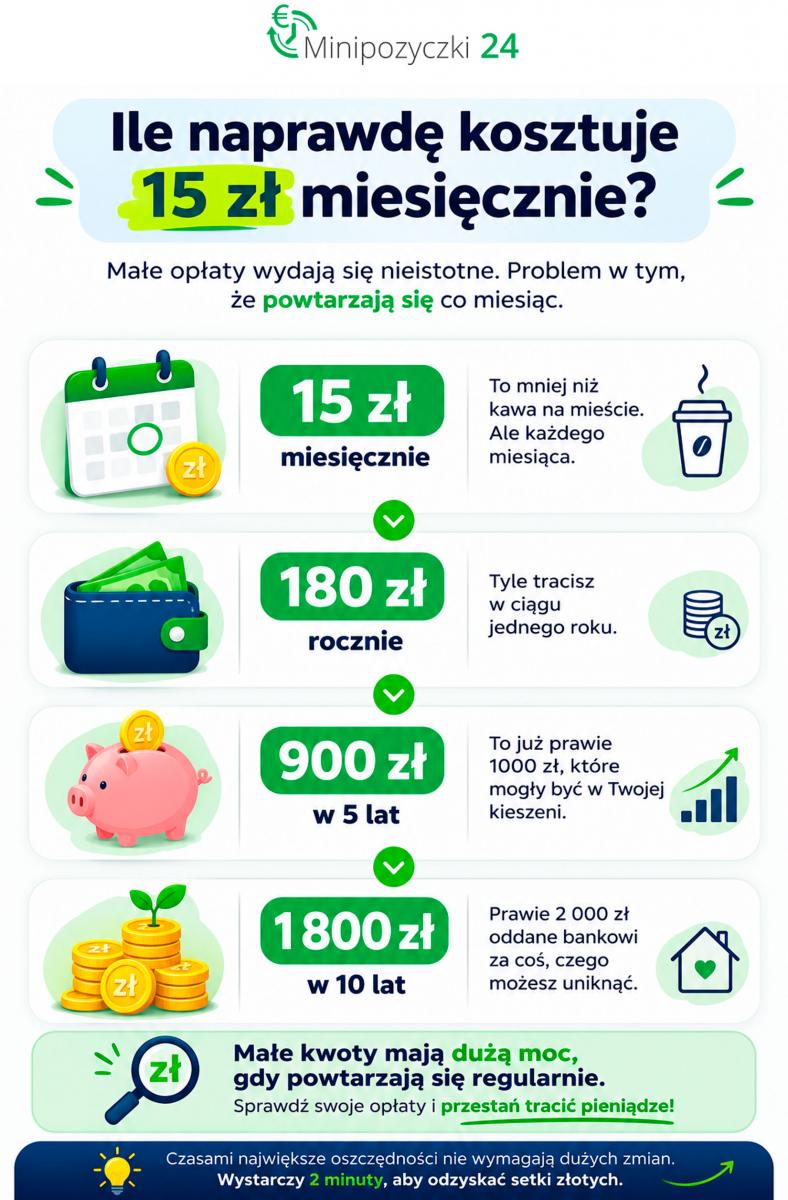 Infografika pokazująca, ile kosztują opłaty bankowe w wysokości 15 zł miesięcznie w ciągu roku, 5 i 10 lat