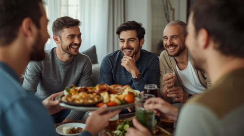 Grupa młodych ludzi podczas spotkania przy posiłku