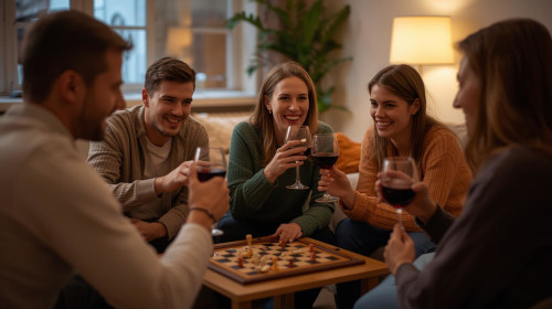 Grupa młodych ludzi grająca w gry planszowe
