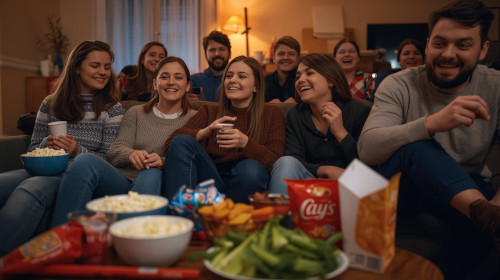 Grupa młodych ludzi oglądająca film w domu